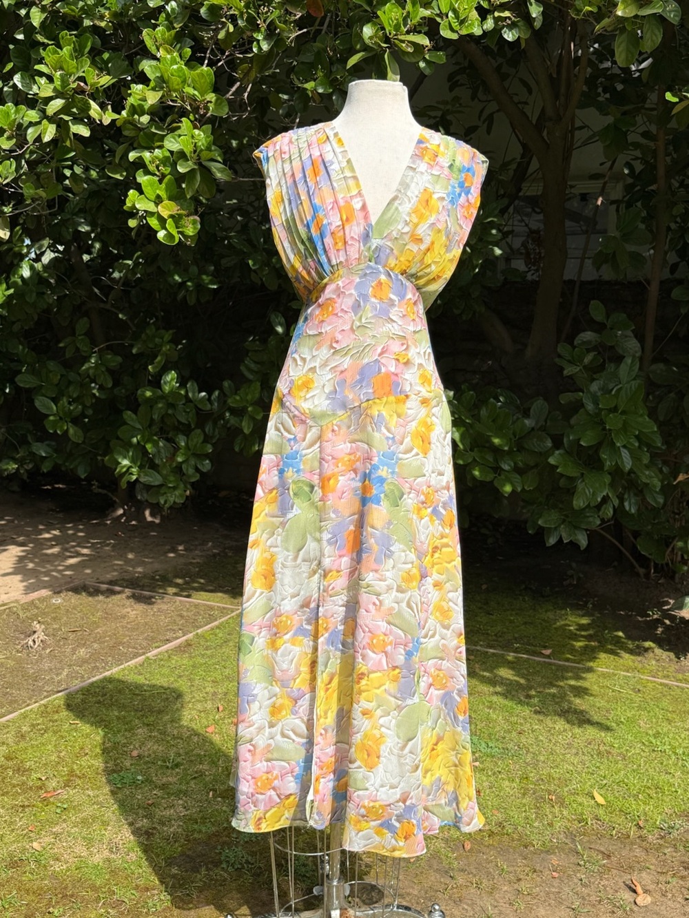 Astr Pastel Floral Pleated V-Neck Midi Dress